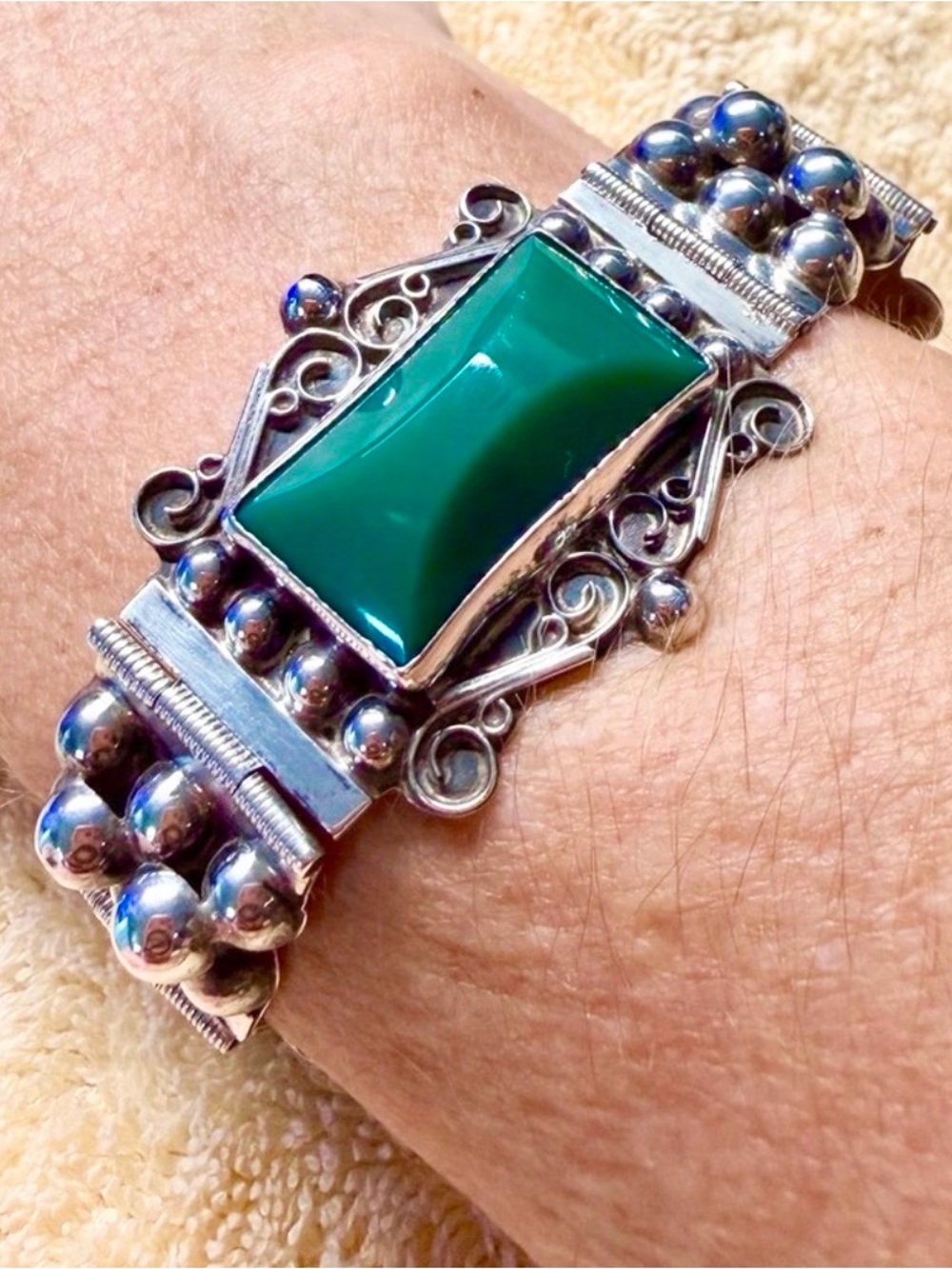 Vintage Mid-Century Mexican Sterling Silver Green Onyx Panel Link Bracelet 7 in